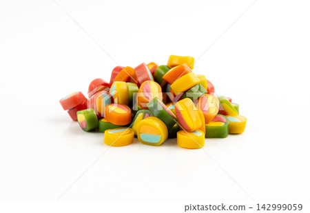 Round gummy candy piles set isolated. Small chewing colorful jellybeans, marmalade cuts, pills Round gummy candy piles set isolated. Small chewing colorful jellybeans, marmalade cuts, pills 142999059