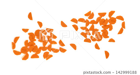Round carrot semicircles isolated. Sweet orange vegetable circles halves Round carrot semicircles isolated. Sweet orange vegetable circles halves 142999188