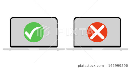 A set of illustrations of two laptops with a checkmark and an X displayed. A set of illustrations of two laptops with a checkmark and an X displayed. 142999296