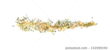 Dried vegetable mix isolated. Dehydrated greens, onion, carrot pieces, seasoning chips, flakes Dried vegetable mix isolated. Dehydrated greens, onion, carrot pieces, seasoning chips, flakes 142999340