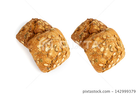 Pumpkin seeds bread isolated, breakfast roll with pepita seeds. Fitness square bun, healthy burger Pumpkin seeds bread isolated, breakfast roll with pepita seeds. Fitness square bun, healthy burger 142999379