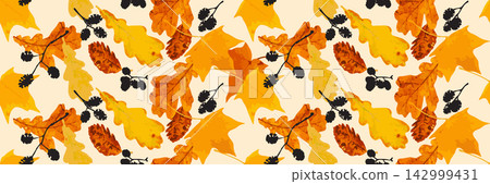 Autumn leaves seamless pattern, oak tree foliage vector background Autumn leaves seamless pattern, oak tree foliage vector background 142999431