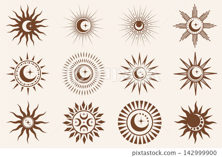 Mystical sun icon collection with celestial moon and star elements. Vector line art for tattoo design, yoga logos, vintage boho graphics and abstract spiritual symbols. Mystical sun icon collection with celestial moon and star elements. Vector line art for tattoo design, yoga logos, vintage boho graphics and abstract spiritual symbols. 142999900