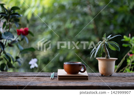 Wooden cup and spoon with Dorstenia plant and diary notebook arranged o wooden table Wooden cup and spoon with Dorstenia plant and diary notebook arranged o wooden table 142999907