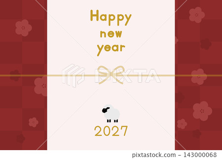 2027 年羊年新年賀卡設計喜慶,以紅色格子梅花圖案和金色水引(裝飾繩)為特色。 2027 年羊年新年賀卡設計喜慶,以紅色格子梅花圖案和金色水引(裝飾繩)為特色。 143000068