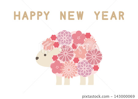 一張新年賀卡插圖,描繪了一隻羊,十二生肖中的動物,它有著可愛的皮毛,上面裝飾著櫻花和菊花等日本花卉。 一張新年賀卡插圖,描繪了一隻羊,十二生肖中的動物,它有著可愛的皮毛,上面裝飾著櫻花和菊花等日本花卉。 143000069