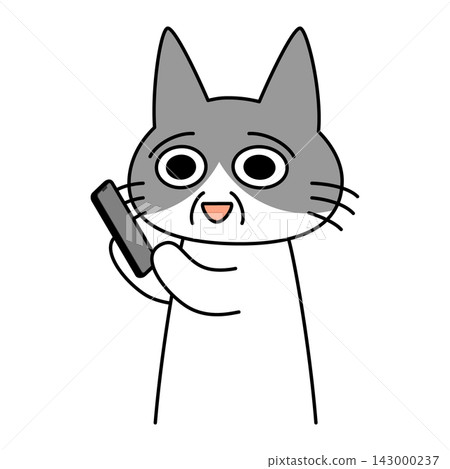 An illustration of a senior cat character making a phone call on a smartphone. 143000237