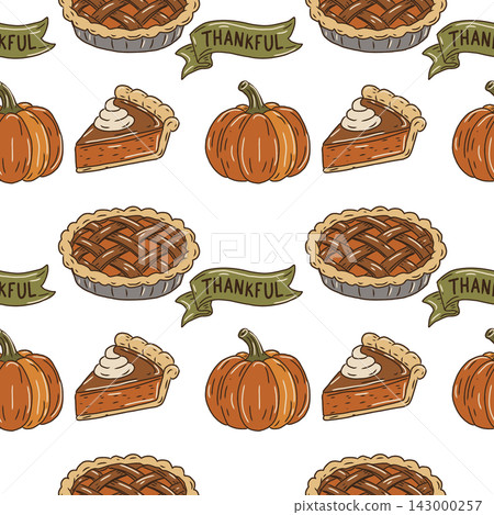 Hand Drawn Vector Autumnal Seamless Pattern with Pumpkins, Pumpkin's Pie and Thankful Ribbons For Thanksgivigs Design. Hand Drawn Vector Autumnal Seamless Pattern with Pumpkins, Pumpkin's Pie and Thankful Ribbons For Thanksgivigs Design. 143000257