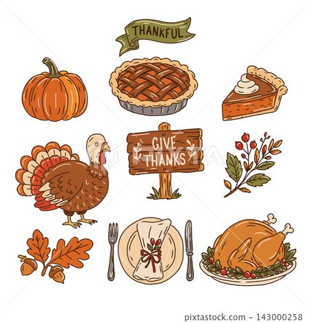 Hand drawn Thanksgiving vector set with pumpkin, turkey, pumpkin pie, roasted turkey, autumn leaves, berries, festive table setting and gratitude signs in warm seasonal colors. Hand drawn Thanksgiving vector set with pumpkin, turkey, pumpkin pie, roasted turkey, autumn leaves, berries, festive table setting and gratitude signs in warm seasonal colors. 143000258