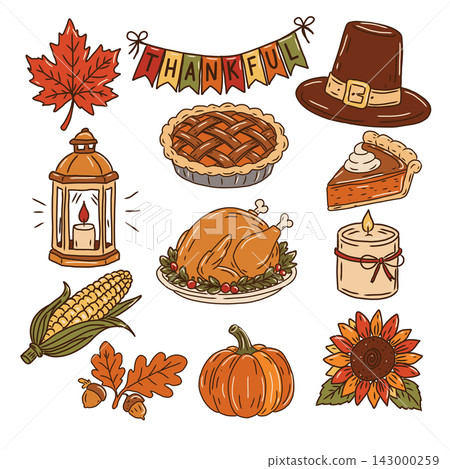 Hand drawn Thanksgiving vector set with pumpkin, roasted turkey, pumpkin pie, autumn leaves, corn, sunflower, festive table setting and gratitude signs in warm seasonal colors. Hand drawn Thanksgiving vector set with pumpkin, roasted turkey, pumpkin pie, autumn leaves, corn, sunflower, festive table setting and gratitude signs in warm seasonal colors. 143000259