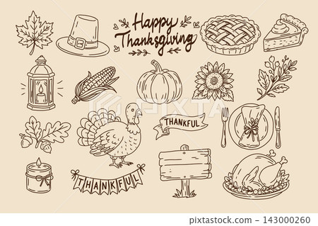 Hand drawn Thanksgiving doodle set with turkey, pumpkin, pie, corn, sunflower, autumn leaves, lantern, candle, festive table setting, banners and gratitude lettering. Hand drawn Thanksgiving doodle set with turkey, pumpkin, pie, corn, sunflower, autumn leaves, lantern, candle, festive table setting, banners and gratitude lettering. 143000260