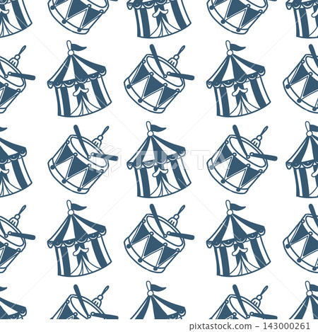 Seamless hand drawn Christmas pattern with festive ornaments, toy drums and hanging decorations in blue on a white background. Winter holiday design for wrapping paper, textiles and stationery. Seamless hand drawn Christmas pattern with festive ornaments, toy drums and hanging decorations in blue on a white background. Winter holiday design for wrapping paper, textiles and stationery. 143000261