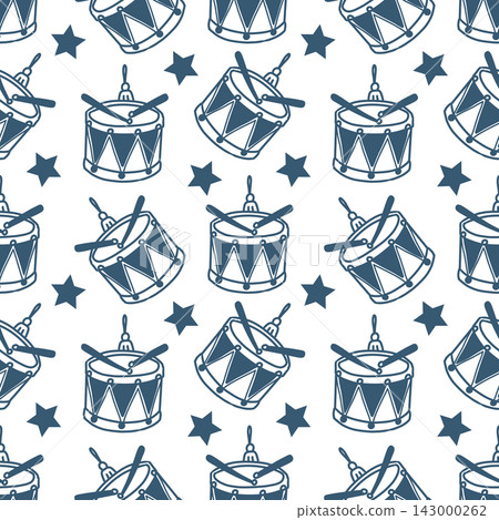 Seamless hand drawn Christmas pattern with festive ornaments, toy drums  in blue on a white background. Winter holiday design for wrapping paper, textiles and stationery. 143000262