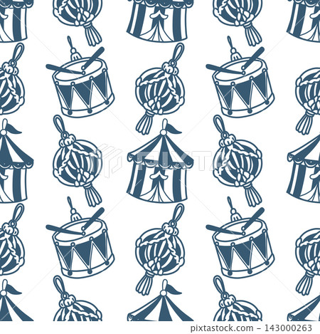 Seamless hand drawn Christmas pattern with festive ornaments, toy drums and hanging decorations in blue on a white background. Winter holiday design for wrapping paper, textiles and stationery. Seamless hand drawn Christmas pattern with festive ornaments, toy drums and hanging decorations in blue on a white background. Winter holiday design for wrapping paper, textiles and stationery. 143000263