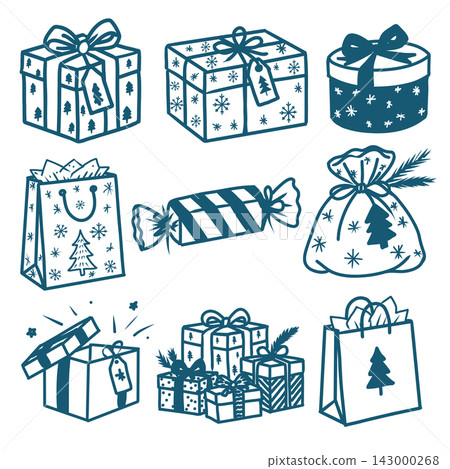 Hand drawn winter Christmas gift vector set featuring wrapped presents, gift boxes, bags, gift sack, candy-shaped box, surprise gift, gift basket, bows and festive evergreen decorations. Hand drawn winter Christmas gift vector set featuring wrapped presents, gift boxes, bags, gift sack, candy-shaped box, surprise gift, gift basket, bows and festive evergreen decorations. 143000268