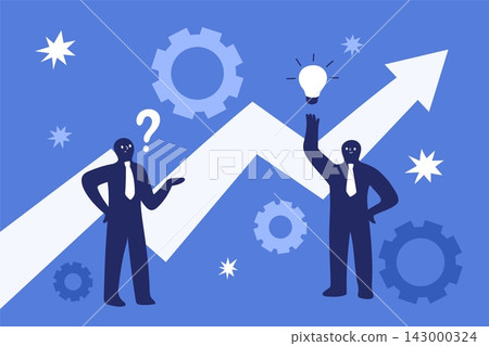 Growing charts with office people. Business growth and innovation, rising arrow, idea, strategy and teamwork, startup, office workers brainstorming, garish vector cartoon isolated concept Growing charts with office people. Business growth and innovation, rising arrow, idea, strategy and teamwork, startup, office workers brainstorming, garish vector cartoon isolated concept 143000324