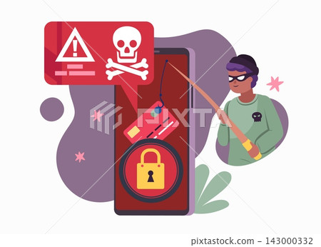 Mobile phishing scam. Hacker stealing data, cybersecurity threat and online fraud, warning signs and lock icon on credit card, data theft, mobile device vector cartoon isolated concept Mobile phishing scam. Hacker stealing data, cybersecurity threat and online fraud, warning signs and lock icon on credit card, data theft, mobile device vector cartoon isolated concept 143000332