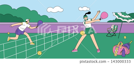 Padel players. Tennis match on an outdoor court with two athletes on lawn field, sports equipment, trendy sport, tournament game, active training, garish vector cartoon isolated concept Padel players. Tennis match on an outdoor court with two athletes on lawn field, sports equipment, trendy sport, tournament game, active training, garish vector cartoon isolated concept 143000333