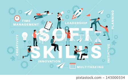 Professional skills. Soft skills with teamwork, business competencies for career growth, leadership and creativity, workplace communication, tidy vector cartoon flat isolated concept Professional skills. Soft skills with teamwork, business competencies for career growth, leadership and creativity, workplace communication, tidy vector cartoon flat isolated concept 143000334