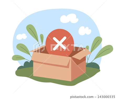Rejected product or damaged package. Open cardboard box and error mark, product return, delivery issue, quality control failure, logistics management, vector cartoon isolated shipment concept Rejected product or damaged package. Open cardboard box and error mark, product return, delivery issue, quality control failure, logistics management, vector cartoon isolated shipment concept 143000335