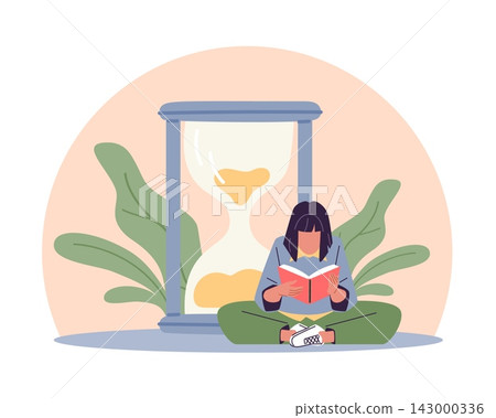 Time management and productivity. Education, learning and self development, young woman reading book beside giant hourglass, student schedule routine, vector cartoon flat isolated concept Time management and productivity. Education, learning and self development, young woman reading book beside giant hourglass, student schedule routine, vector cartoon flat isolated concept 143000336