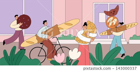 Tiny people with pastries. Happy bakery food lovers carrying giant croissants, cookies, baguettes in city scene, fresh baked assortment shopping garish vector cartoon flat style isolated concept Tiny people with pastries. Happy bakery food lovers carrying giant croissants, cookies, baguettes in city scene, fresh baked assortment shopping garish vector cartoon flat style isolated concept 143000337
