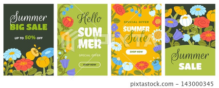 Cute folk flowers cards. Summer sale social media templates with scandinavian style decorative plants, seasonal discounts advertising design, classy vector cartoon flat style isolated set Cute folk flowers cards. Summer sale social media templates with scandinavian style decorative plants, seasonal discounts advertising design, classy vector cartoon flat style isolated set 143000345