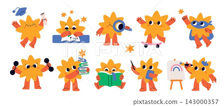 Funny star character. Cute kawaii sun, studying, reading, painting, exercising and graduating activities, cartoon mascot, education and sport, garish vector cartoon flat style stickers set 143000357