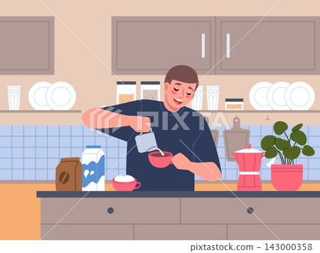 Man prepares breakfast. Morning coffee routine in modern kitchen, guy makes fresh hot drink at home, daily habits, pouring milk in cup with coffee classy vector cartoon isolated concept Man prepares breakfast. Morning coffee routine in modern kitchen, guy makes fresh hot drink at home, daily habits, pouring milk in cup with coffee classy vector cartoon isolated concept 143000358
