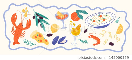 Mediterranean food products. Sicily products and seafood, traditional italian cuisine, lobster, shrimp, assortment of dishes pasta and pizza, ingredients garish vector cartoon isolated set Mediterranean food products. Sicily products and seafood, traditional italian cuisine, lobster, shrimp, assortment of dishes pasta and pizza, ingredients garish vector cartoon isolated set 143000359