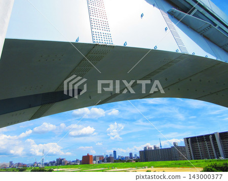 A view of the Ogi Bridge, the Arakawa Bridge of the Nippori-Toneri Liner, and a blue sky (photographed in 2026). A view of the Ogi Bridge, the Arakawa Bridge of the Nippori-Toneri Liner, and a blue sky (photographed in 2026). 143000377