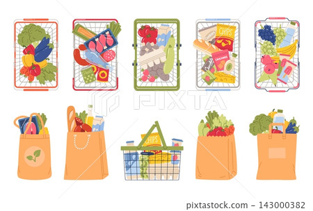 Supermarket baskets with goods top view. Grocery shopping, reusable paper bags, variety food, organic products everyday purchases, milk bread and eat, classy vector cartoon isolated set Supermarket baskets with goods top view. Grocery shopping, reusable paper bags, variety food, organic products everyday purchases, milk bread and eat, classy vector cartoon isolated set 143000382