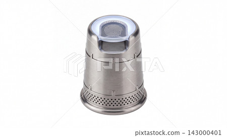 Silver thimble style sensor unit with illuminated geometric top mesh metallic electronic technology industrial textured geometric illuminated hardware component precision miniature engineering Silver thimble style sensor unit with illuminated geometric top mesh metallic electronic technology industrial textured geometric illuminated hardware component precision miniature engineering 143000401