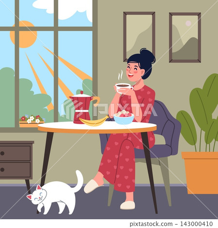 Girl having breakfast. Cozy morning routine at home, happy woman enjoying coffee and healthy food, sunny window cat, domestic comfort, calm indoor lifestyle classy vector cartoon flat concept 143000410