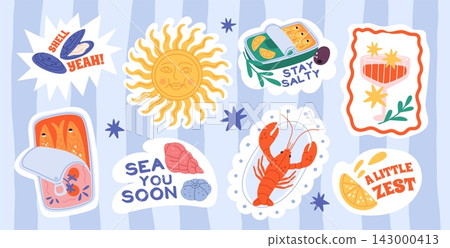 Mediterranean seafood stickers. Canned fish, lobster, citrus, wine, seashells, sunny coastal vibes, cute hand drawn pack labels, restaurant menu decor, garish vector cartoon isolated set Mediterranean seafood stickers. Canned fish, lobster, citrus, wine, seashells, sunny coastal vibes, cute hand drawn pack labels, restaurant menu decor, garish vector cartoon isolated set 143000413