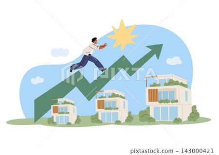 Real estate market growth. Rising property values, housing demand, businessman climbing upward arrow above homes with upward trend, investment success, vector cartoon isolated concept Real estate market growth. Rising property values, housing demand, businessman climbing upward arrow above homes with upward trend, investment success, vector cartoon isolated concept 143000421