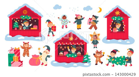 Christmas market elements. Cute festive stalls, happy kids, elves, santa, gifts, holiday decorations, cheerful cozy winter objects, community activity, garish vector cartoon isolated set Christmas market elements. Cute festive stalls, happy kids, elves, santa, gifts, holiday decorations, cheerful cozy winter objects, community activity, garish vector cartoon isolated set 143000429
