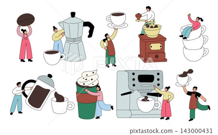 Funny coffee lovers. Tiny people interacting with beans with mug, espresso machine, moka pot, grinder, french press, takeaway beverage cup, brewing tools, garish vector cartoon isolated set Funny coffee lovers. Tiny people interacting with beans with mug, espresso machine, moka pot, grinder, french press, takeaway beverage cup, brewing tools, garish vector cartoon isolated set 143000431