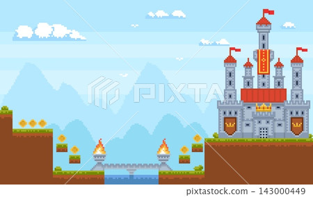 Pixel castle game location. Fantasy landscape scene with medieval fortress, floating platforms, coins, mountains, level adventure with obstacles, qualitative vector cartoon isolated concept Pixel castle game location. Fantasy landscape scene with medieval fortress, floating platforms, coins, mountains, level adventure with obstacles, qualitative vector cartoon isolated concept 143000449
