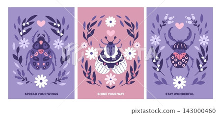 Trendy insects decorative cards. Decorative beetles and butterfly, patterned moth, bugs, floral wreaths, botanical design, nature poster, modern prints garish vector cartoon isolated set Trendy insects decorative cards. Decorative beetles and butterfly, patterned moth, bugs, floral wreaths, botanical design, nature poster, modern prints garish vector cartoon isolated set 143000460
