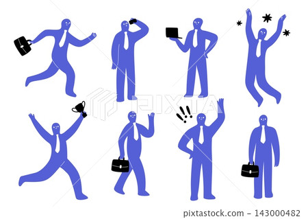 Faceless abstract character. Business people pose, office gestures, briefcase, laptop, smartphone, communication and professional roles, flat style cartoon character, garish vector doodle set Faceless abstract character. Business people pose, office gestures, briefcase, laptop, smartphone, communication and professional roles, flat style cartoon character, garish vector doodle set 143000482