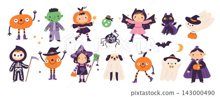 Halloween elements and kids. Funny children with smiling pumpkin, witch, vampire, ghost, skeleton, bat and spooky friends, playful autumn holiday party garish vector cartoon isolated set Halloween elements and kids. Funny children with smiling pumpkin, witch, vampire, ghost, skeleton, bat and spooky friends, playful autumn holiday party garish vector cartoon isolated set 143000490