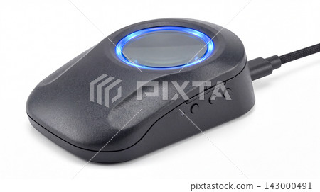 Small black rounded electronic device with glowing blue led ring light electronic technology circular connectivity textured interface indicator hardware background operation instrument scientific 143000491