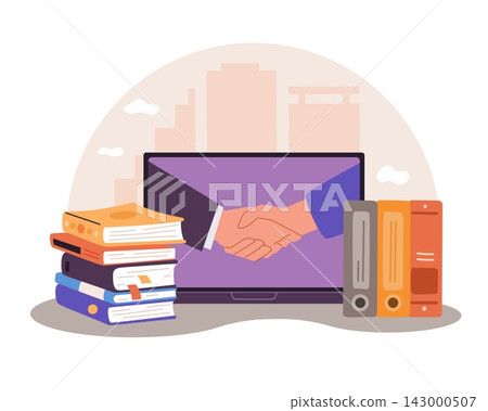 Online business agreement and digital partnership. Handshake on laptop screen with books and documents, remote meeting collaboration and contract signing, vector cartoon isolated concept Online business agreement and digital partnership. Handshake on laptop screen with books and documents, remote meeting collaboration and contract signing, vector cartoon isolated concept 143000507