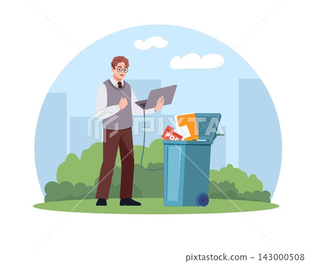 Paperless office and digital document management. Man scanning files for secure storage, archiving and workflow automation, data protection, shredding and discarding vector isolated concept Paperless office and digital document management. Man scanning files for secure storage, archiving and workflow automation, data protection, shredding and discarding vector isolated concept 143000508