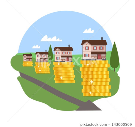Real estate investment and property value growth. Houses on stacks of coins symbolizing wealth, equity and financial success, pricing changes, investment return vector flat isolated concept Real estate investment and property value growth. Houses on stacks of coins symbolizing wealth, equity and financial success, pricing changes, investment return vector flat isolated concept 143000509