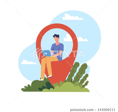 Remote work and digital nomad lifestyle. Freelancer remote working on laptop at location pin, online business and flexible workplace, mobile navigation, vector cartoon isolated concept Remote work and digital nomad lifestyle. Freelancer remote working on laptop at location pin, online business and flexible workplace, mobile navigation, vector cartoon isolated concept 143000511