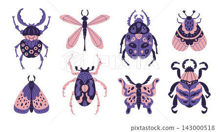 Trendy decorative insects. Beetles, stylized butterflies, moths and dragonflies, symmetrical nature creatures, different bugs, decorative entomology, garish vector cartoon isolated set Trendy decorative insects. Beetles, stylized butterflies, moths and dragonflies, symmetrical nature creatures, different bugs, decorative entomology, garish vector cartoon isolated set 143000518