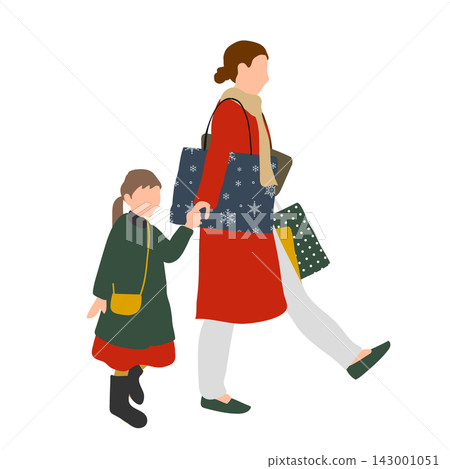 An illustration of a mother holding her child's hand while winter shopping. An illustration of a mother holding her child's hand while winter shopping. 143001051