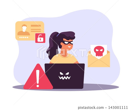 Cybercriminal stealing identity. Phishing attack, dangerous email scam, identity theft and cybersecurity, hacker at laptop screen, online security risks vector cartoon isolated concept Cybercriminal stealing identity. Phishing attack, dangerous email scam, identity theft and cybersecurity, hacker at laptop screen, online security risks vector cartoon isolated concept 143001111